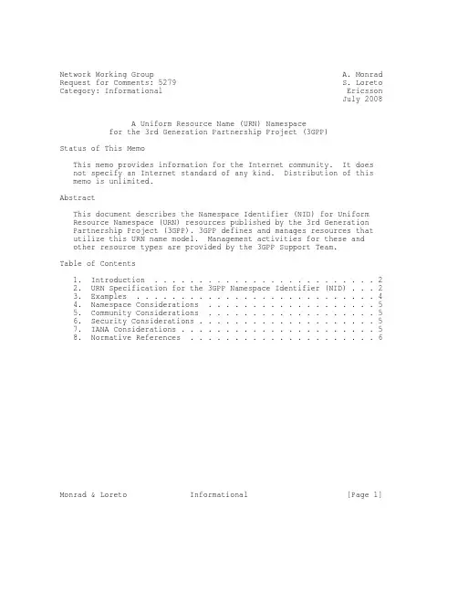 rfc5279.A Uniform Resource Name (URN) Namespace for the 3rd Generation Partnership Project (3GPP)