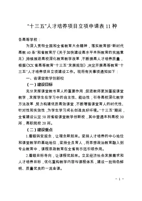 “十三五”人才培养项目立项申请表11种【模板】