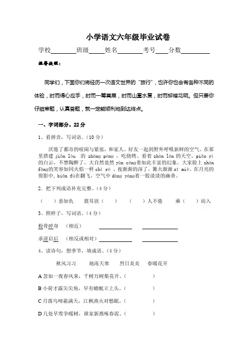 2018苏教版语文六年级下册小升初毕业模拟卷4