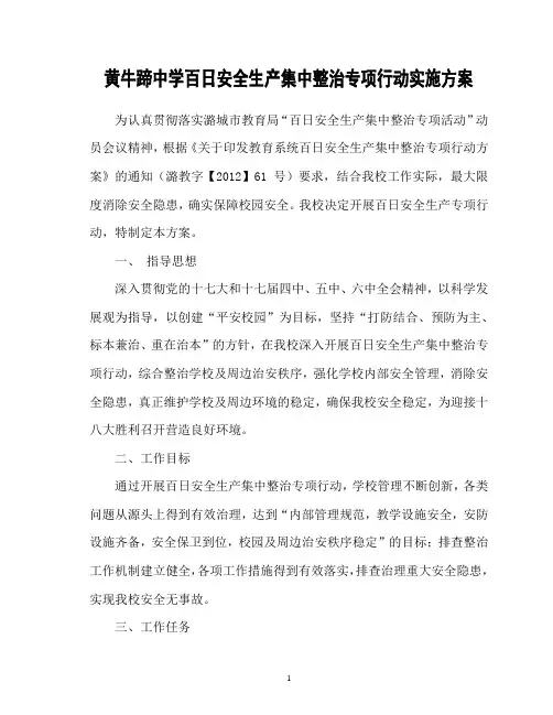 黄牛蹄中学百日安全生产集中整治专项行动实施方案