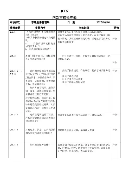 内部审核检查表(市场监督管理局) - 副本 - 副本_修正版