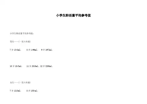 小学生肺活量标准表