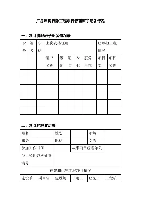 厂房库房拆除工程项目管理班子配备情况
