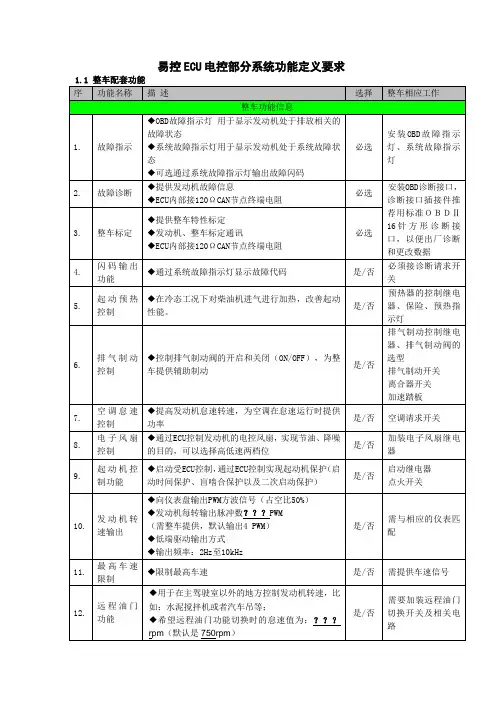 易控ECU电控部分系统功能定义要求