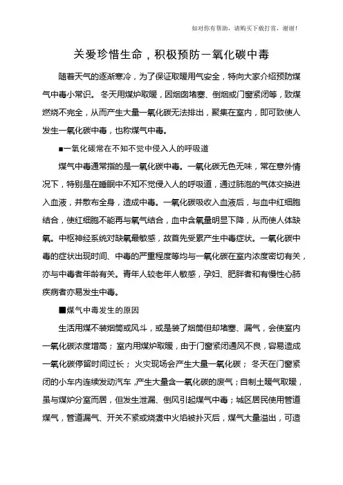 预防一氧化碳中毒相关资料 (宣传)