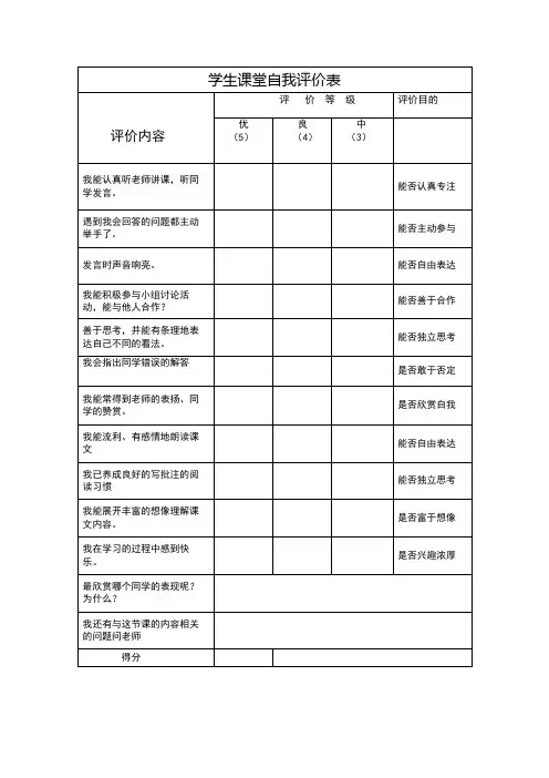 学生课堂自我评价表