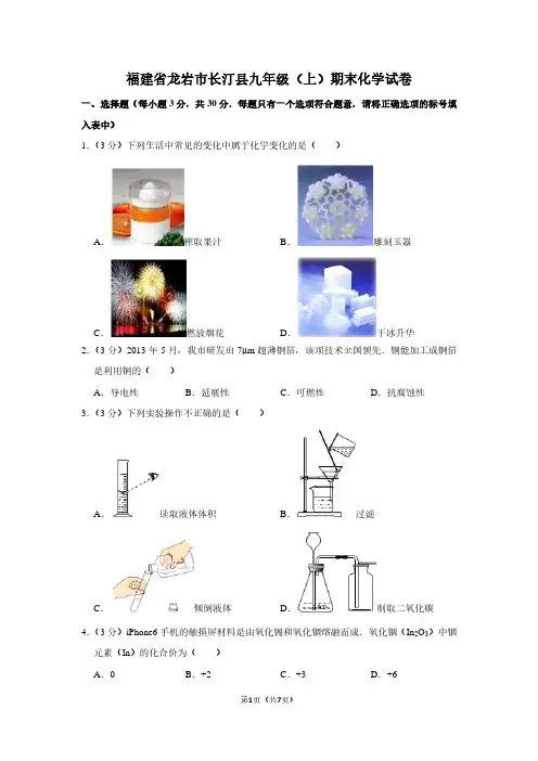 福建省龙岩市长汀县九年级(上)期末化学试卷