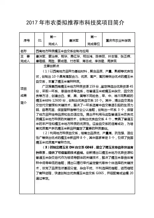 2017年农委拟推荐科技奖项目简介