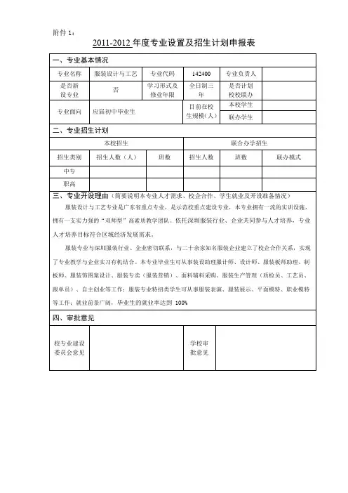 专业设置及招生计划申请表