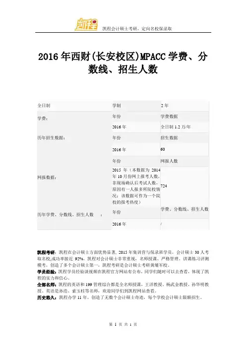2016年西财(长安校区)MPACC学费、分数线、招生人数