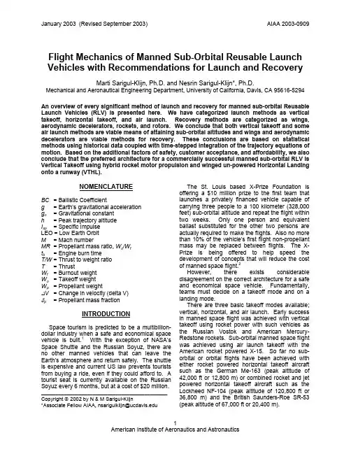 Flight Mechanics of Manned Sub-Orbital Reusable Launch