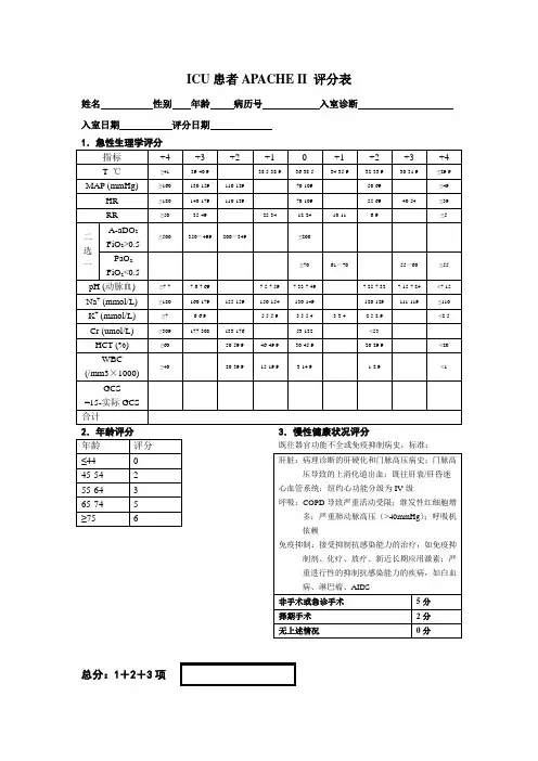 (完整版)APACHEII评分表-新