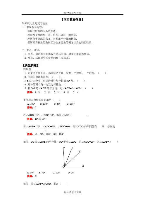 华师大版-数学-七年级上册-华师版七上角复习教案邢进文