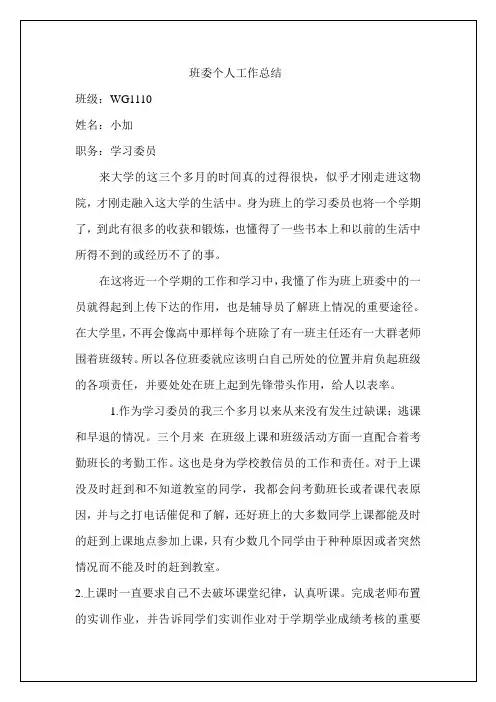 班委个人工作总结