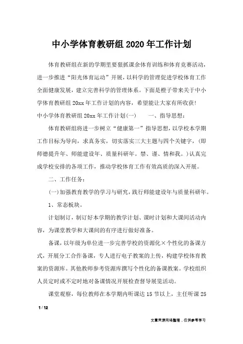 中小学体育教研组2020年工作计划_工作计划