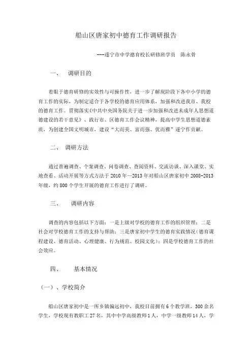 船山区唐家初中德育工作调研报告