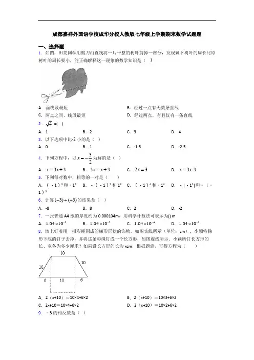 成都嘉祥外国语学校成华分校人教版七年级上学期期末数学试题题