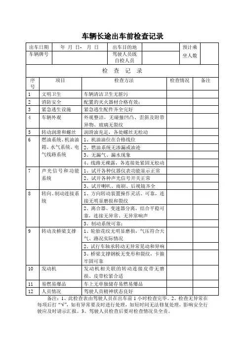 车辆长途出车前检查记录