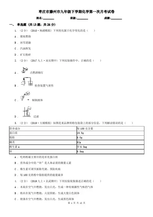 枣庄市滕州市九年级下学期化学第一次月考试卷