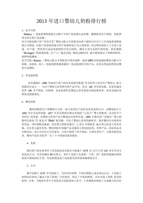 2013年进口婴幼儿奶粉排行榜