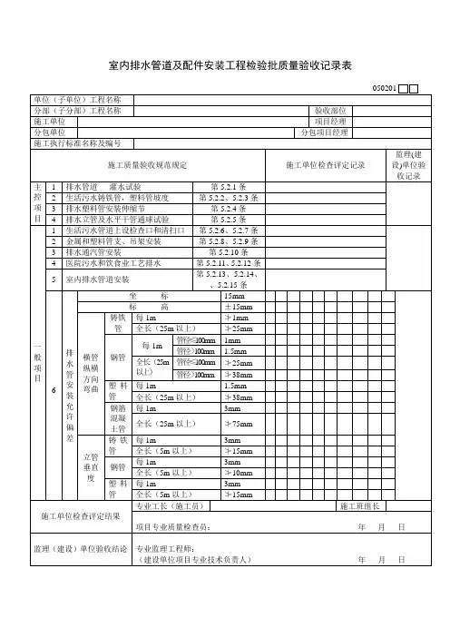 室内排水管道及配件安装工程检验批质量验收记录表1