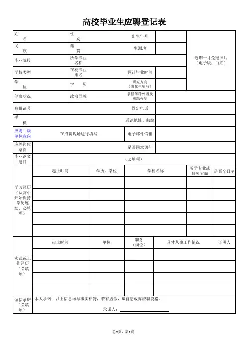 高校毕业生应聘登记表