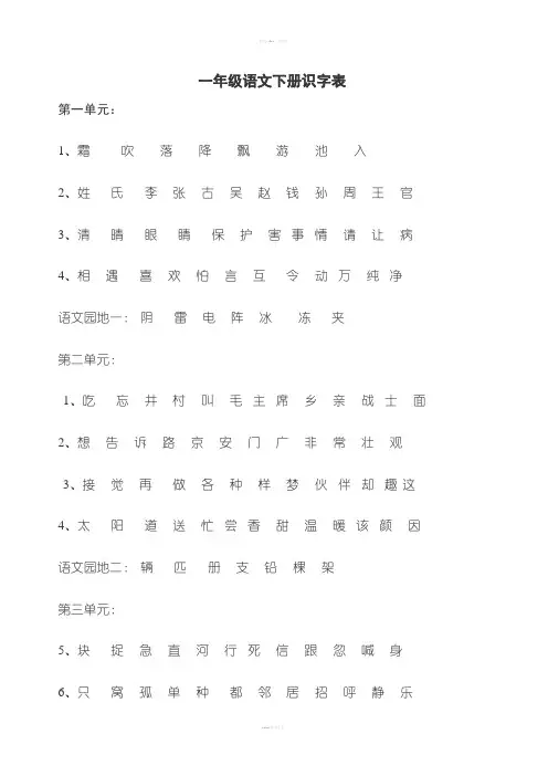 2017新版一年级语文下册识字表