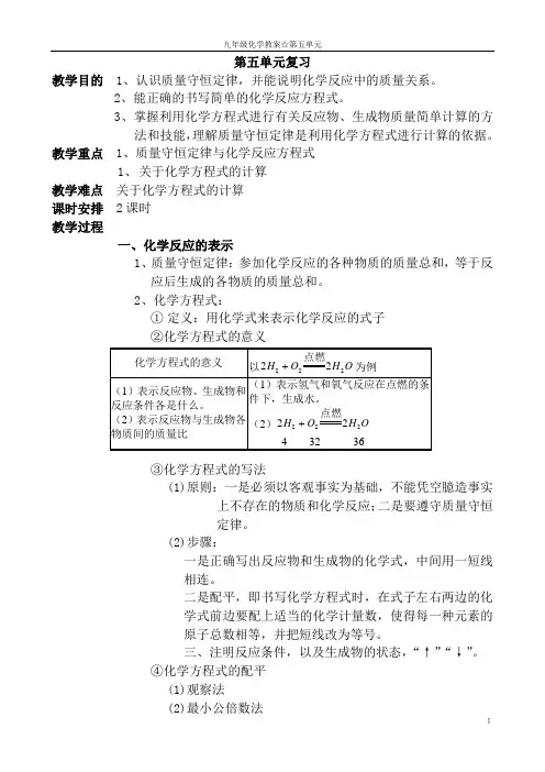 人教九年级化学第五单元化学方程式复习教案4