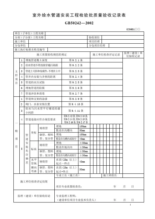 室外给水管道安装工程检验批质量验收记录表