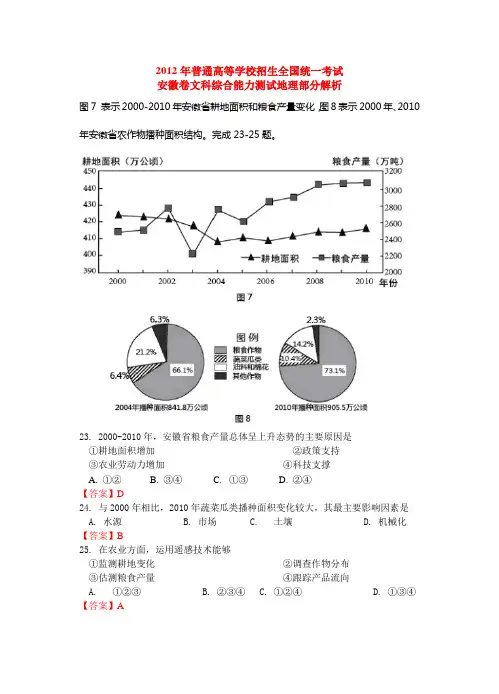 2012年安徽高考地理试题高清解析版