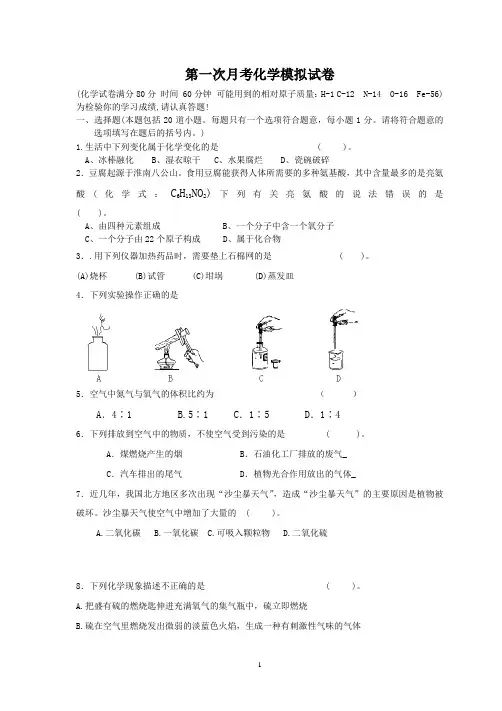 九年级化学上学期第一次月考化学试卷