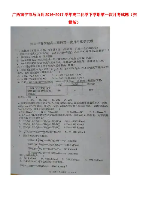 广西南宁市马山县高二化学下学期第一次月考试题(扫描版)