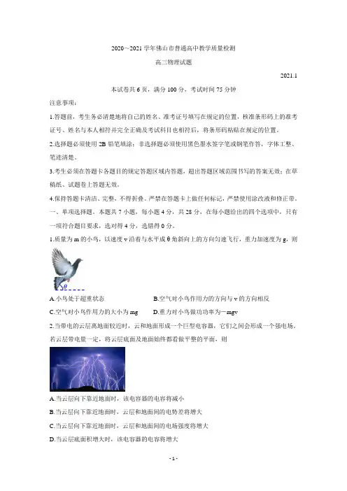 广东省佛山市2021届高三上学期教学质量检测(一模) 物理含答案
