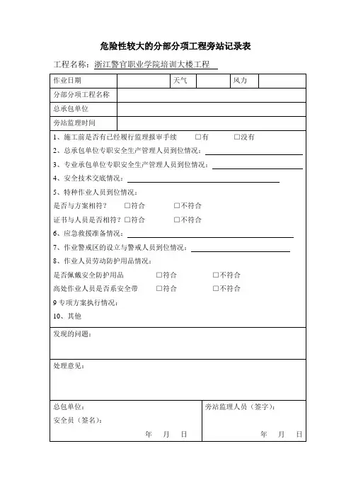 危险性较大的分部分项工程旁站记录表