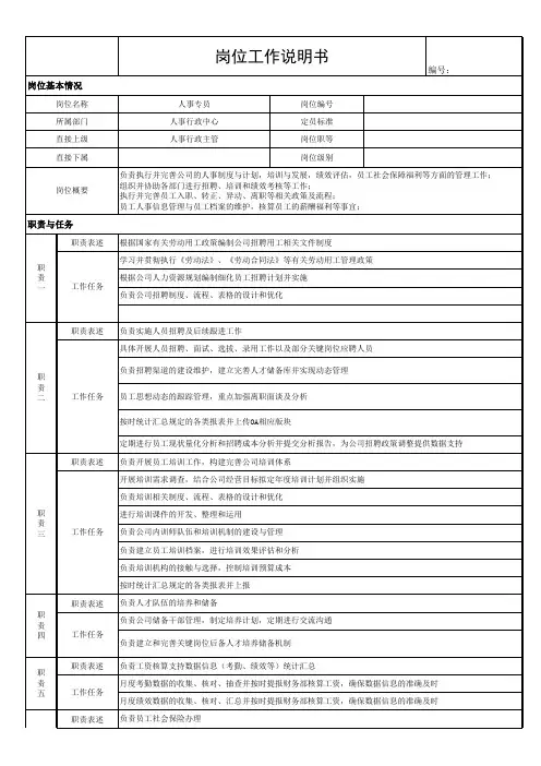 人事专员岗位工作说明书