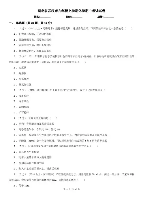 湖北省武汉市九年级上学期化学期中考试试卷