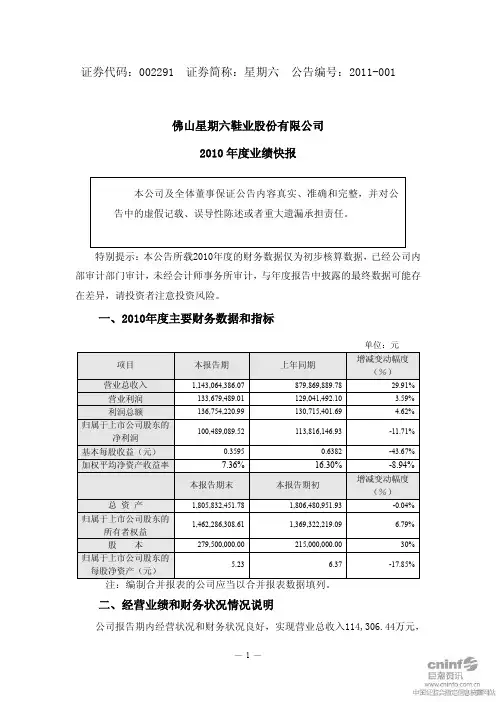 星期六：2010年度业绩快报 2011-02-24
