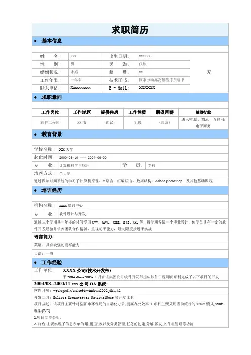 标准软件工程师简历模板