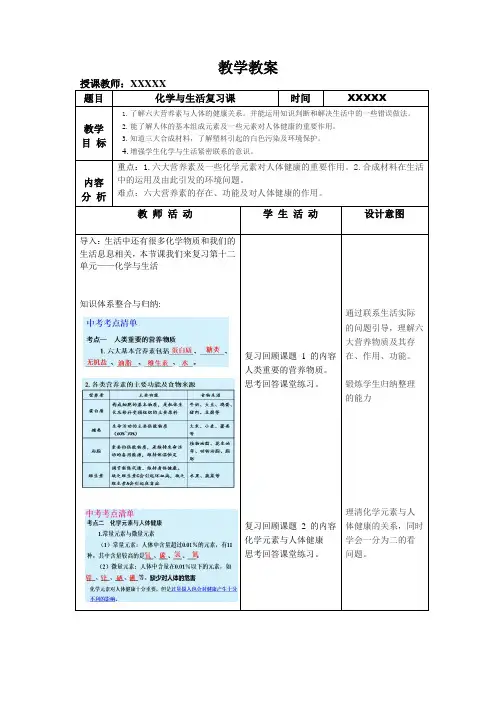 人教版九年级化学下册第十二单元 化学与生活 单元复习课教案设计