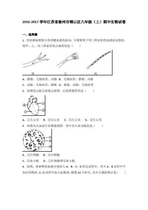 江苏省徐州市铜山区2016-2017学年八年级(上)期中生物试卷(解析版)