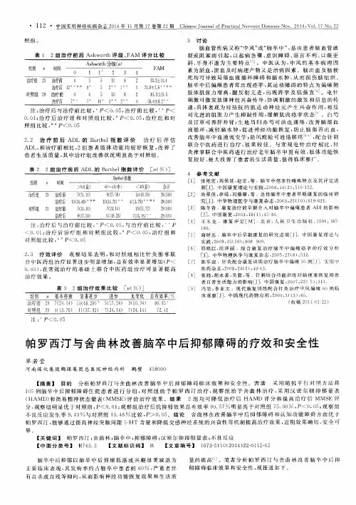 帕罗西汀与舍曲林改善脑卒中后抑郁障碍的疗效和安全性