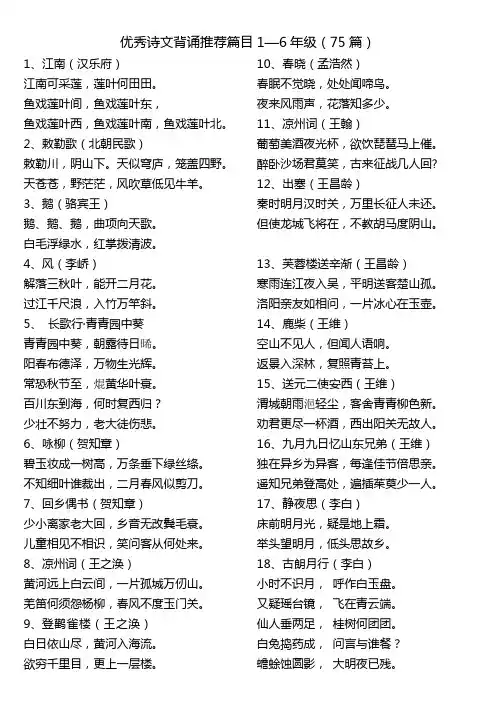 优秀诗文背诵推荐篇目小学(75篇)