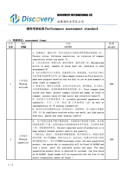 绩效考核标准(中英文)