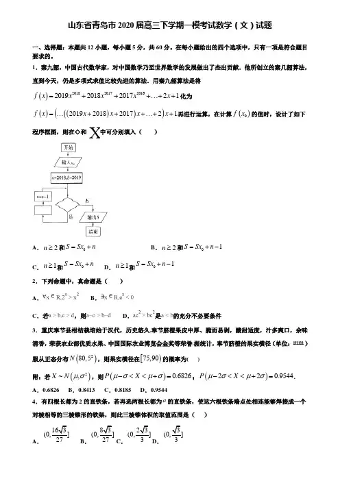 【附加15套高考模拟试卷】山东省青岛市2020届高三下学期一模考试数学(文)试题含答案