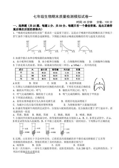 七年级下册生物期末考试模拟试卷1