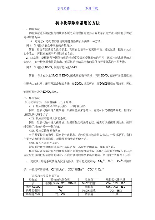 初中化学除杂方法和习题 2