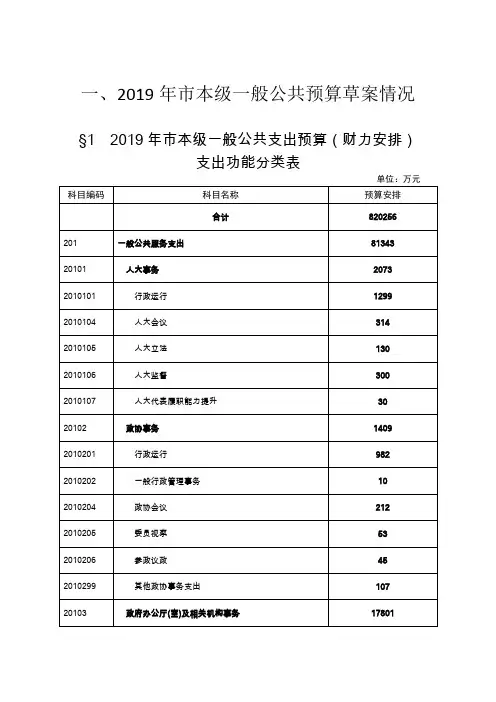 2019年本级一般公共预算草案情况