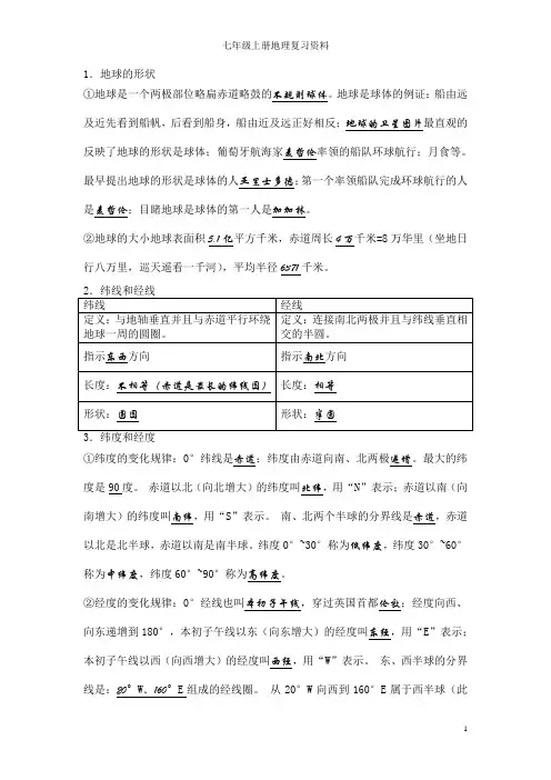 七年级地理上册知识点背诵