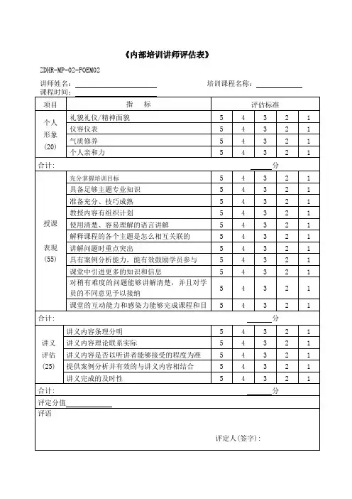 内部培训讲师评估表