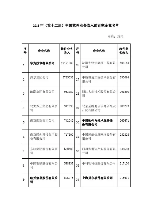 2013年中国软件百强企业